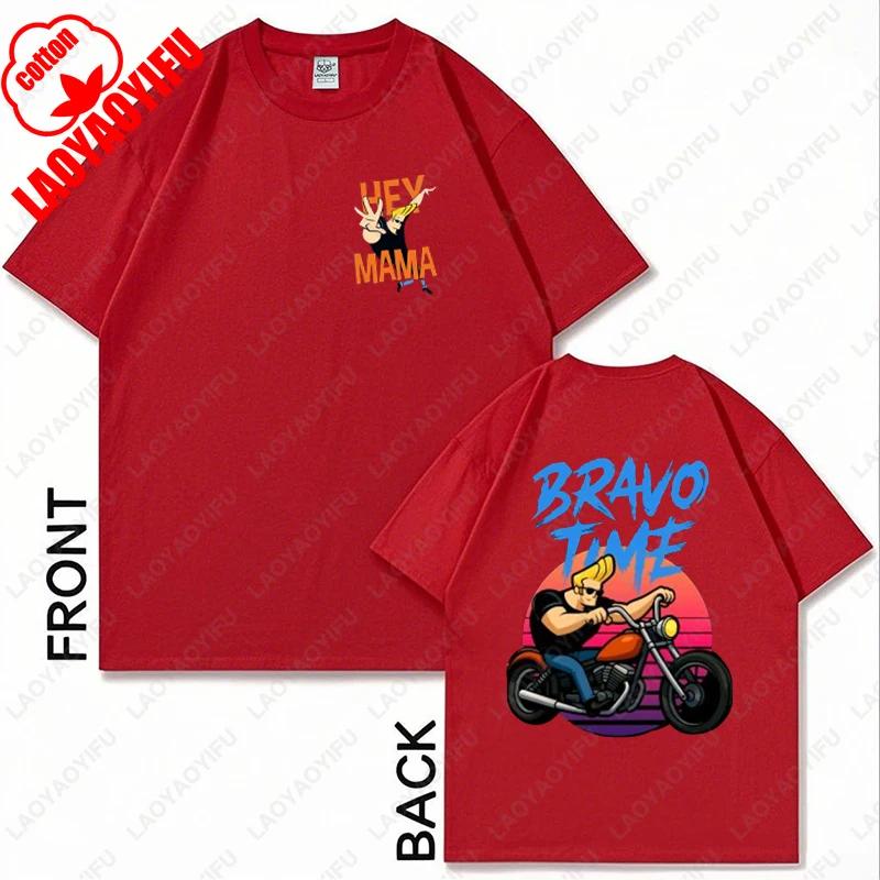 Vintage Johnny Bravo Motorcycle Tshirt 90s Funny Cartoon Unisex Women Camisetas Retro Classic TV Show Tees Hipster Cotton Tops Gift 4XL