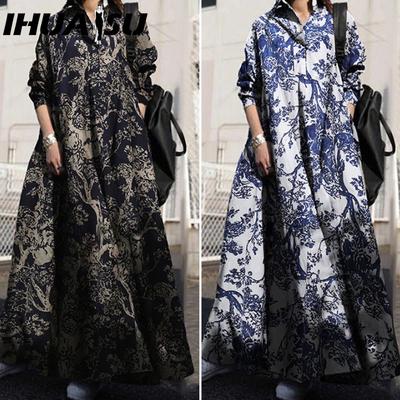 Damen Maxikleid mit lockerem Schnitt, langen Ärmeln und Blumendruck