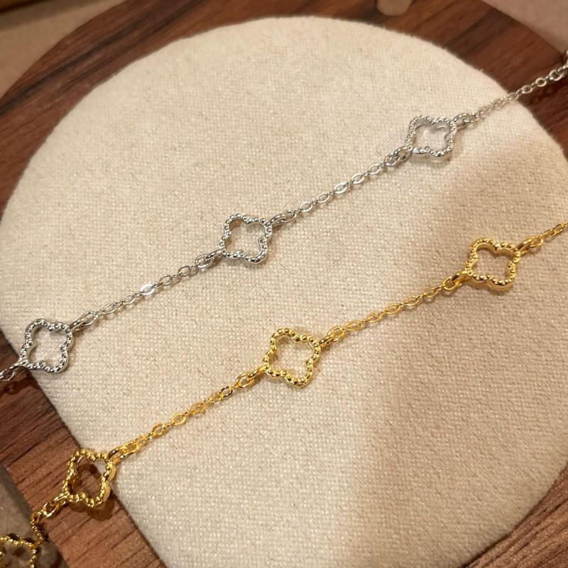 Sterling Hollow Four Leaf Clover Charm Bracelet Women 18K Gold Plated Minimalist Stackable Jewelry