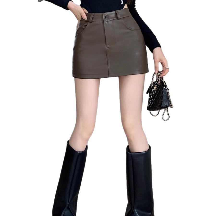 Spicy Girl PU Leather Coffee Mini Skirt: High Waist, Plus Size, Slimming Bodycon for Women’s Autumn/Winter