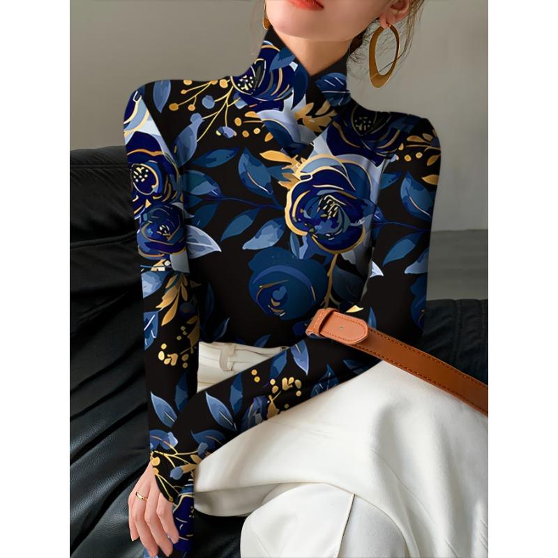 Women's elegant all-over black and blue flower print crossover pullover long-sleeved top