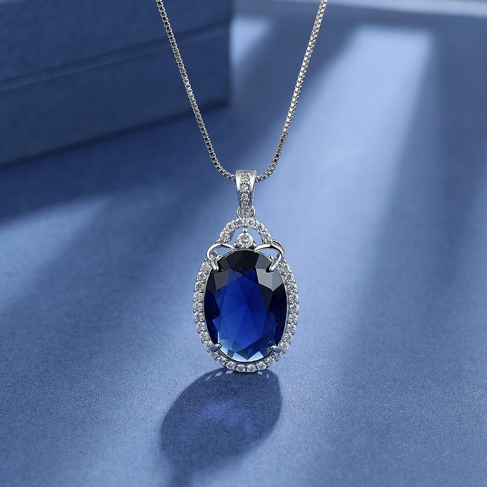 925 Sterling Silver Retro Fashion Blue Zircon Full Diamond Necklace Party Birthday Anniversary Wedding Gift