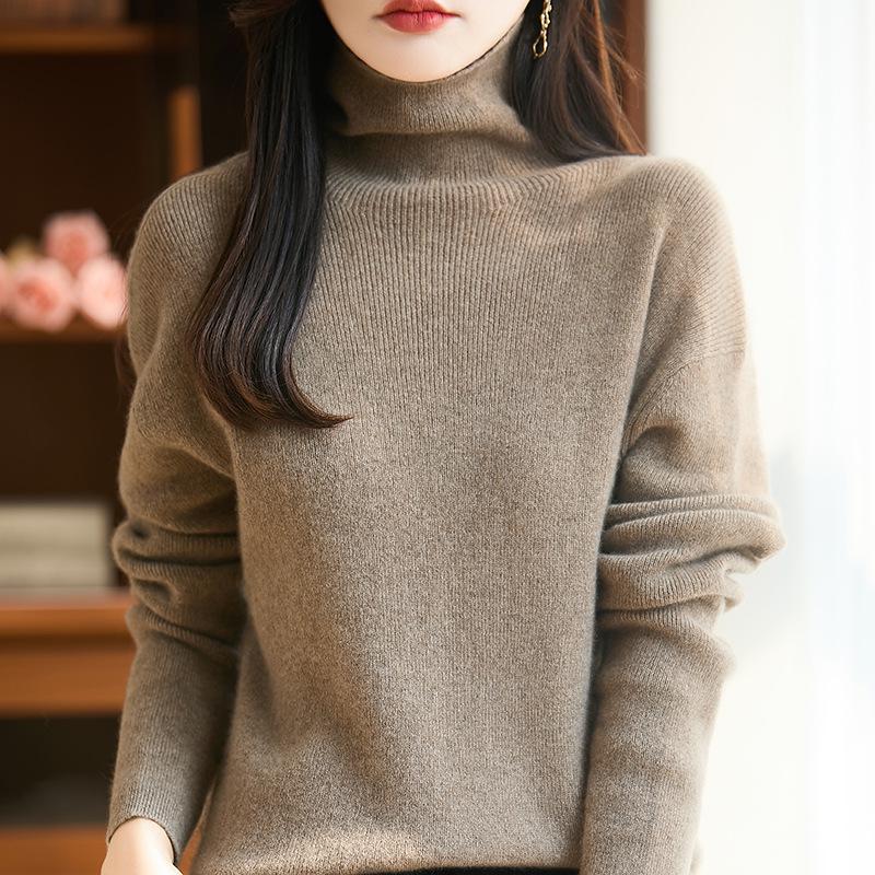 Women's High Neck Ribbed Wool Sweater - Loose Fit Plus Size, Autumn/Winter Knit Base Layer