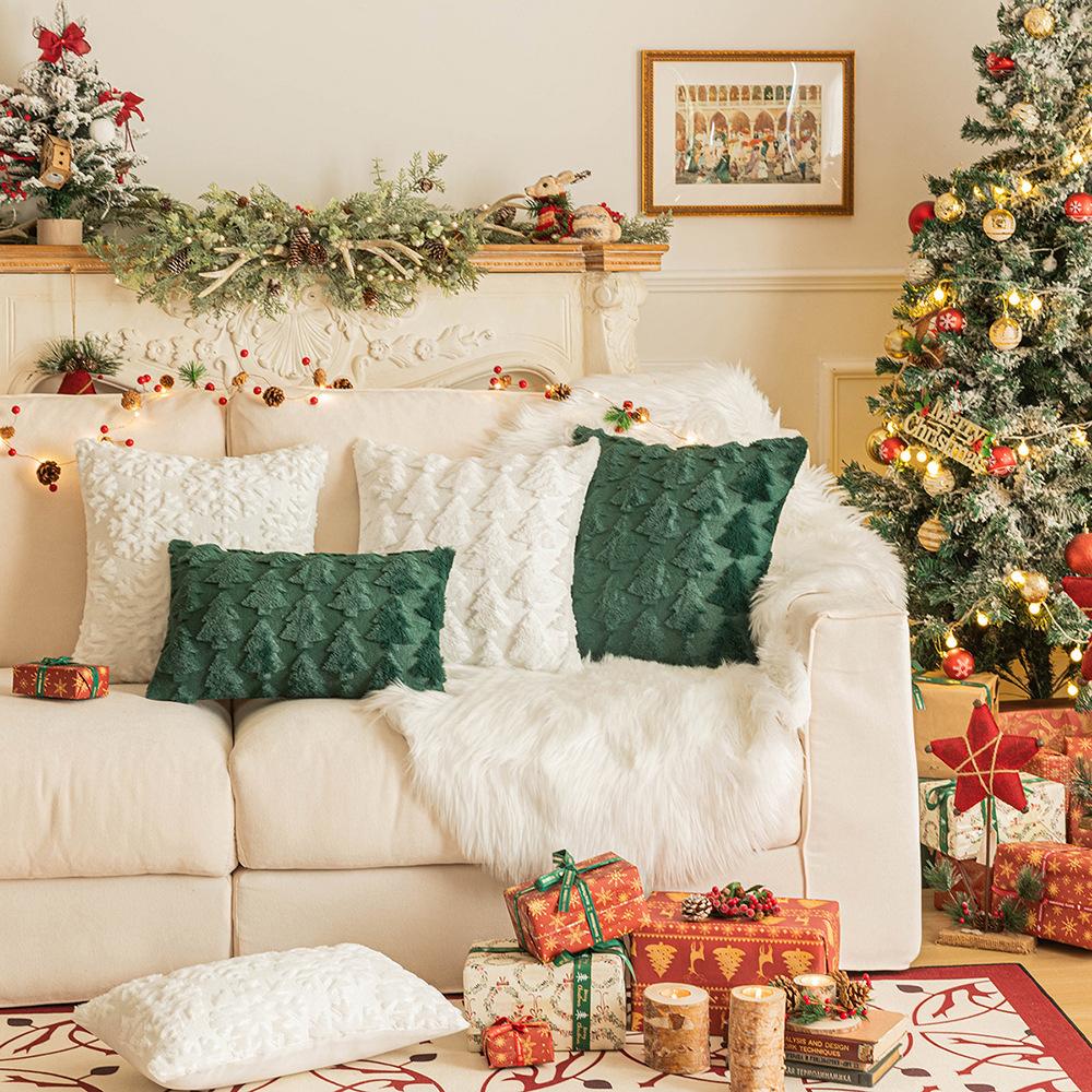 Christmas Throw Pillow Cover Plush Snowflake Christmas Tree Embroidered Living Room Sofa Cushion Holiday Party Decorative Cushion Cover