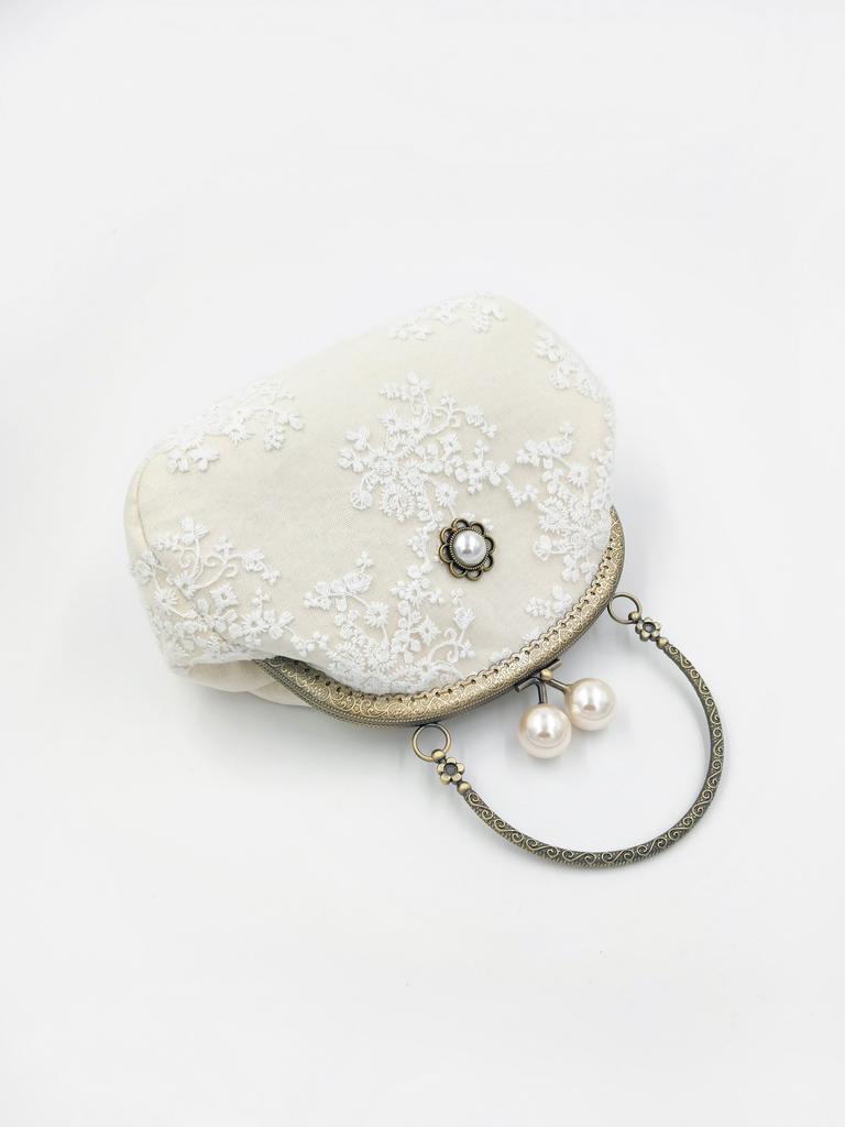[Dolly Para] Large Capacity Clasp Purse (Chain Bag) with Transparent Lace, Antique Aristocratic Style, Party Handbag, Gift for Women (Beige)