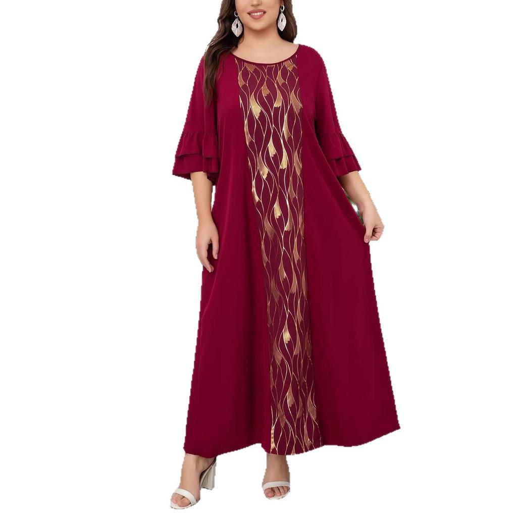 Elegant Plus Size Patchwork Flare Sleeve Dress for Spring & Autumn
