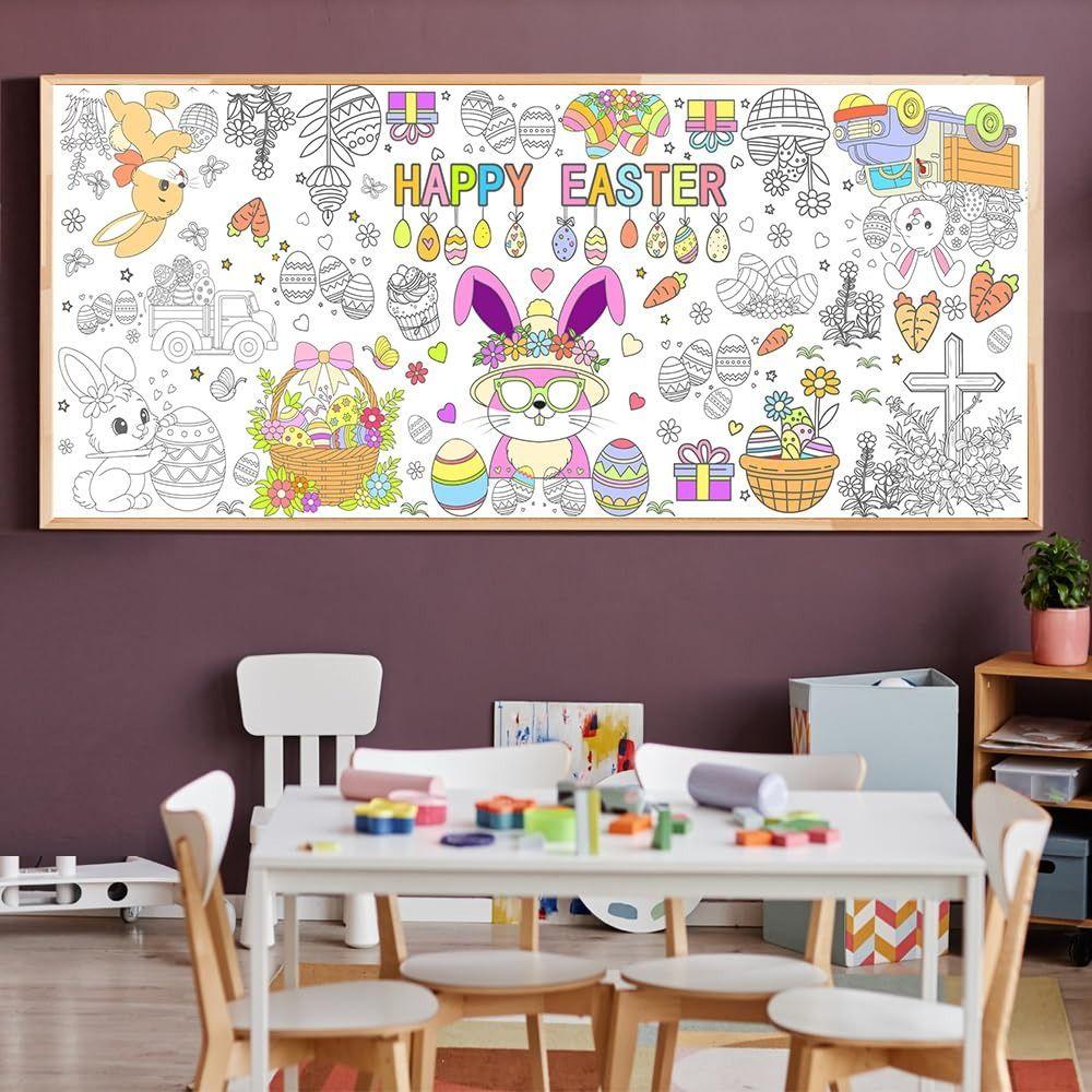 DIY Easter Giant Coloring Poster Cartoon Bunny Doodle Easter Tablecloth Art Craft Gift Jumbo Coloring Banner