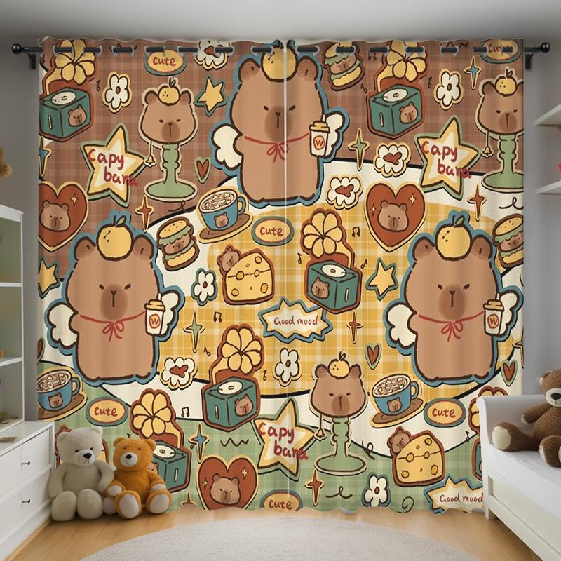 Christmas Kapibala Anime Living Room Bedroom Curtains For Living Room Perforated Dustproof Blackout Drapes Kitchen Cabinet  Home