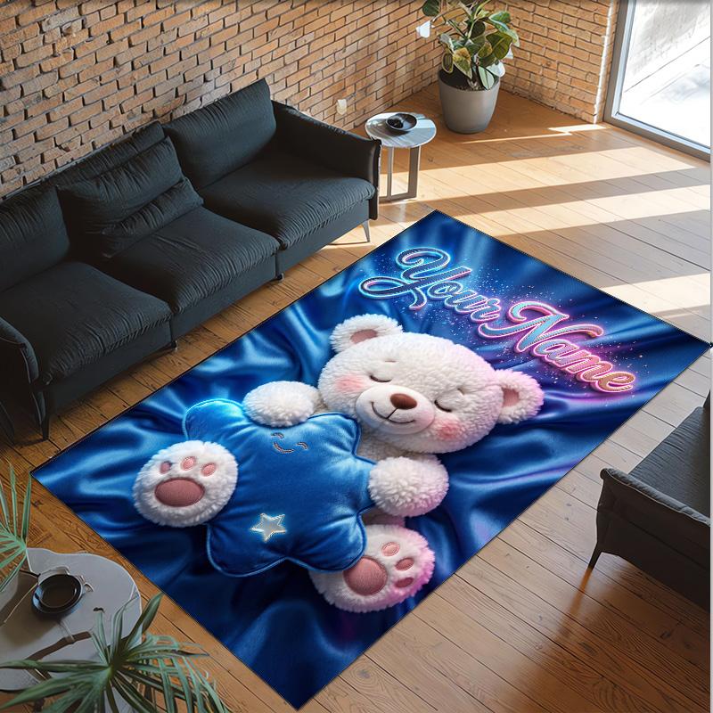 Teddy Bear Theme Crystal Velvet Rug Personalized Custom Name Text Soft Floor Mat Home Decor