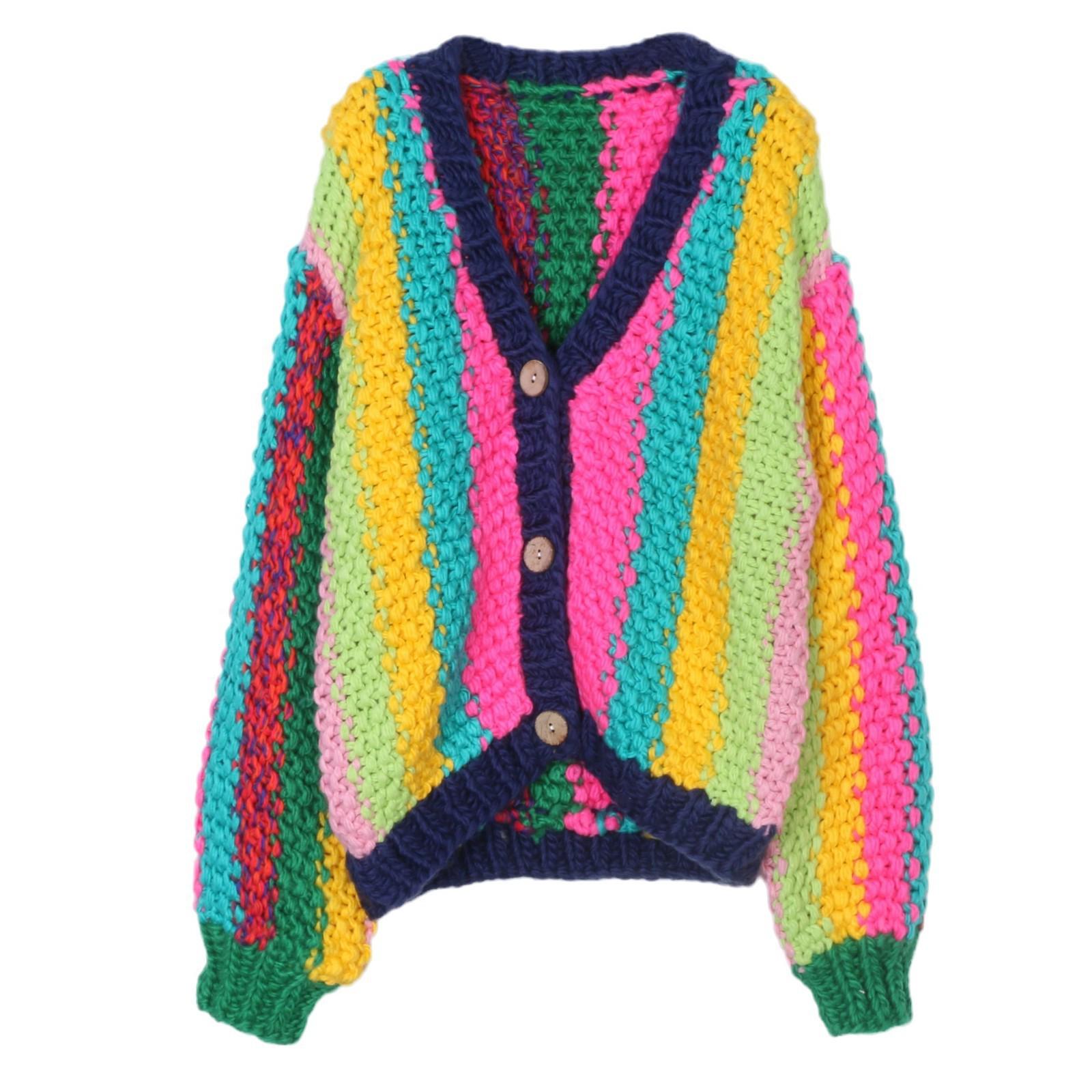 

Hand-Knitted Rainbow V-Neck Cardigan: Autumn/Winter Retro Sweater Medium