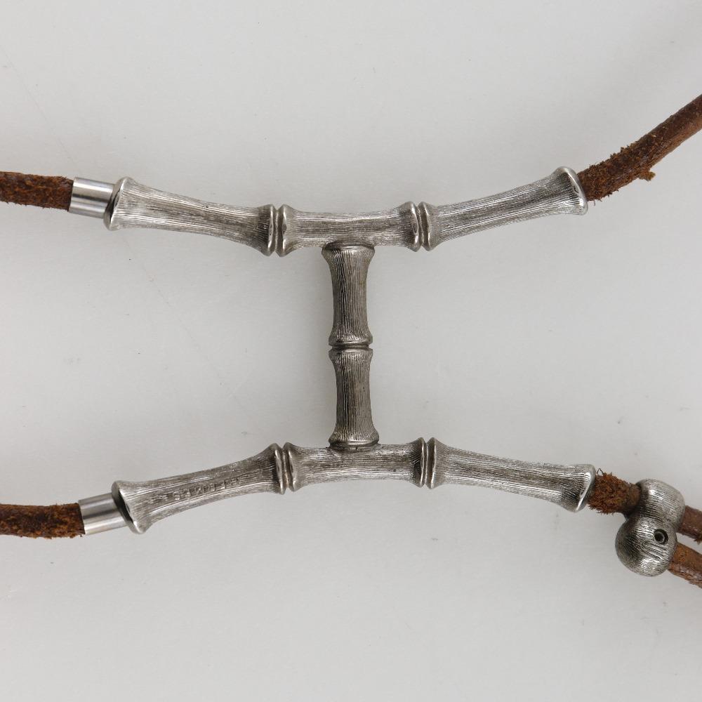 Hermes Bambus Halfter Halskette Silber/Braun Leder/metallisch 32g Damen Gebraucht