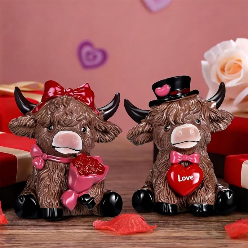 Highlands s Kuhfiguren Valentinstag Highlands Kuh Zwerge Herz Schottische Statue für Küche Etagen-Tablett Tischdekorationen