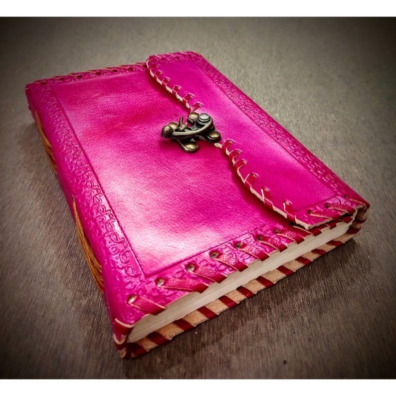 Pink Colored Handmade Leather Bound A5 Sized Journal - 200 Thick Unlined Recycled Refillable Pages - Unisex Hand Stitched Writing Notebook