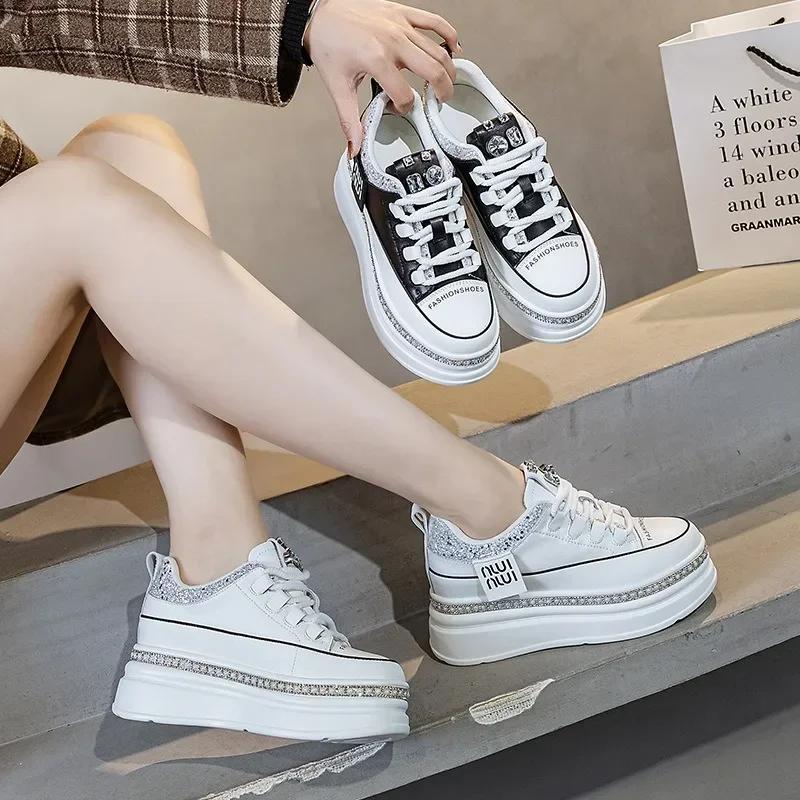 Mode Top-Qualität 7cm Echtes Leder Damen Plateau Keilabsatz Herbst Frühling Versteckte Absätze Damen Vulkanisierte Bling Sneakers Freizeitschuhe
