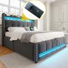 Upholstered Bed 140*200cm with LED Lighting and USB Socket, Headboard with Shelves and Storage, With Hydraulic Storage, Double Bed, Linen Fabric Grey