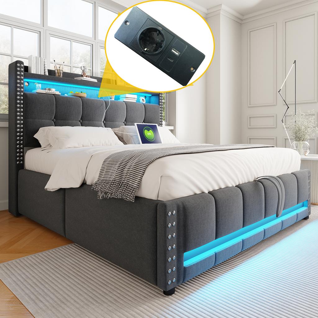 Upholstered Bed 140*200cm with LED Lighting and USB Socket, Headboard with Shelves and Storage, With Hydraulic Storage, Double Bed, Linen Fabric Grey