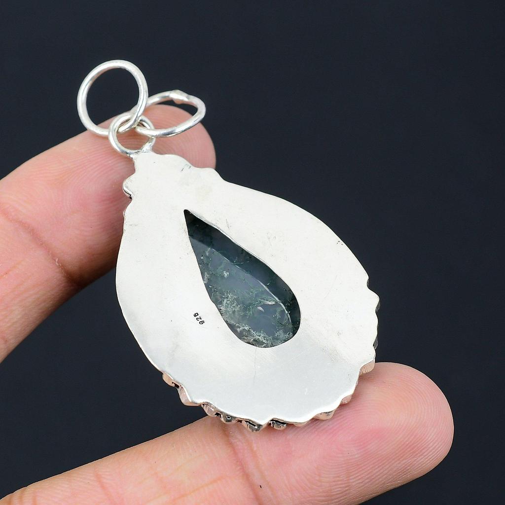 Pear Natural Solar Moss Agate Engagement Birthday Pendant 925 Sterling Silver