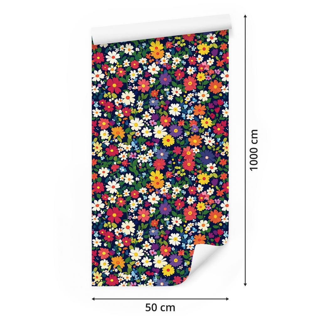 Wallpaper Small Flowers Navy Blue and Red for Living Room and Bedroom 50x1000