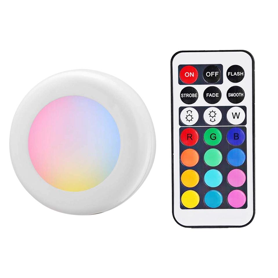 Battery Powered RGB Night Light Led Under Cabinet Lamp Puck Lights with Remote For Home Wardrobe Kitchen Display Case Decoration