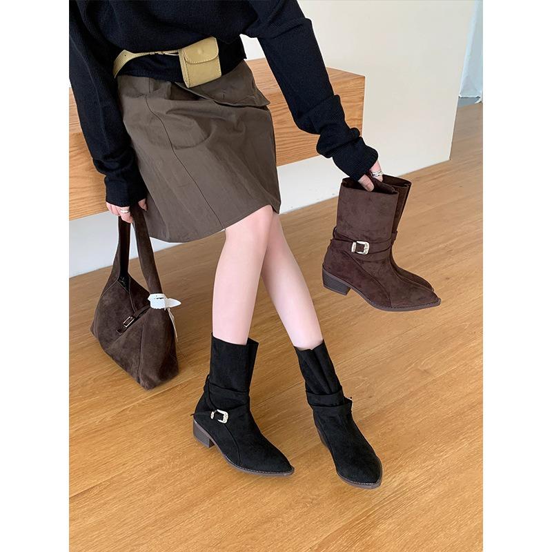 Retro Pointed Belt Buckle Thick Heel Western Cowboy Boots Women's New Fashion Versatile Thin Boots