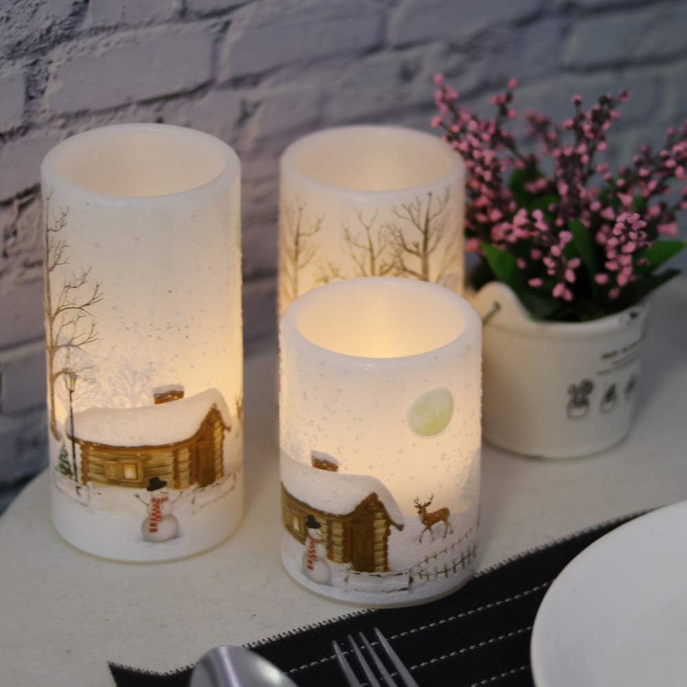 GenSwin Christmas Snowman Flameless Candles Flickering Battery Operated with Timer, Real Wax Led Pillar Candles Warm Light, Christmas Snowman Deer