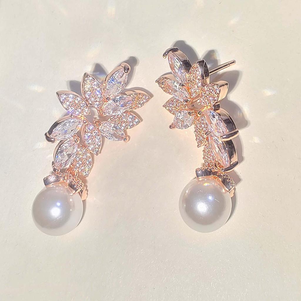 Silver Flower Zirconia Pearl Dangle Earrings for Women