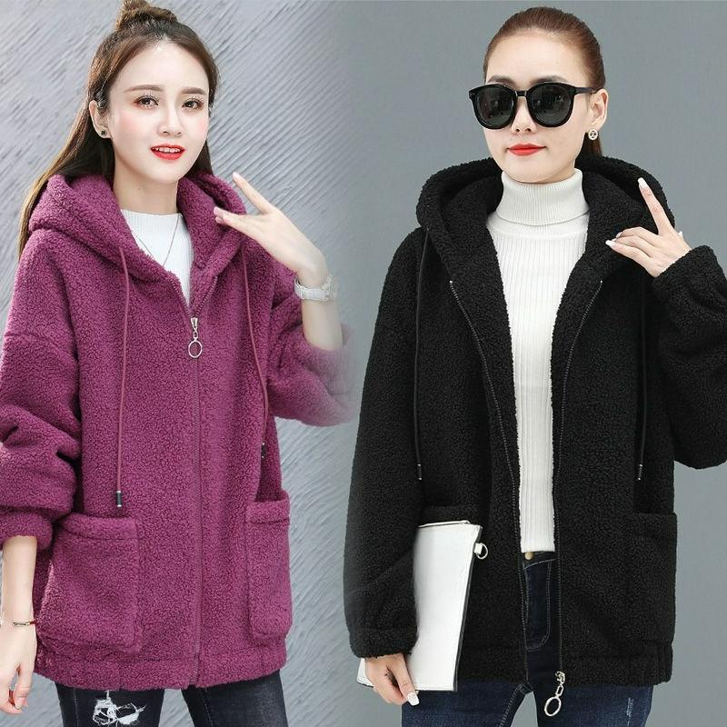 Lamb Fleece Sweater Women's Autumn and Winter Plus Velvet Thick Hooded Pocket Cardigan Lazy Style Zipper Jacket Women