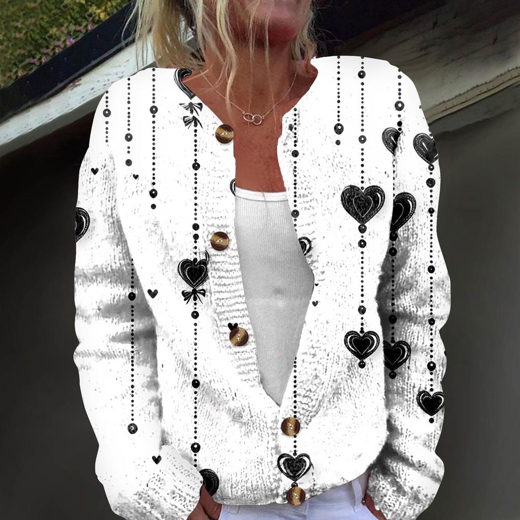 Women's Fashion Printed Long Sleeve Knitted Cardigan Button Down Jacket
