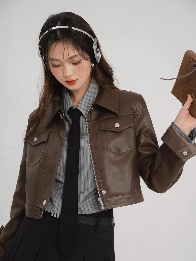 Americký vintage sladký horký dívčí styl kávové barvy dámská kožená bunda podzim nový designový smysl krátká motorkářská bunda top