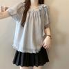 Women Square Neck Bow Puff Short Sleeve Blouse, Ruffle Hem Textured Loose Summer Shirt Top