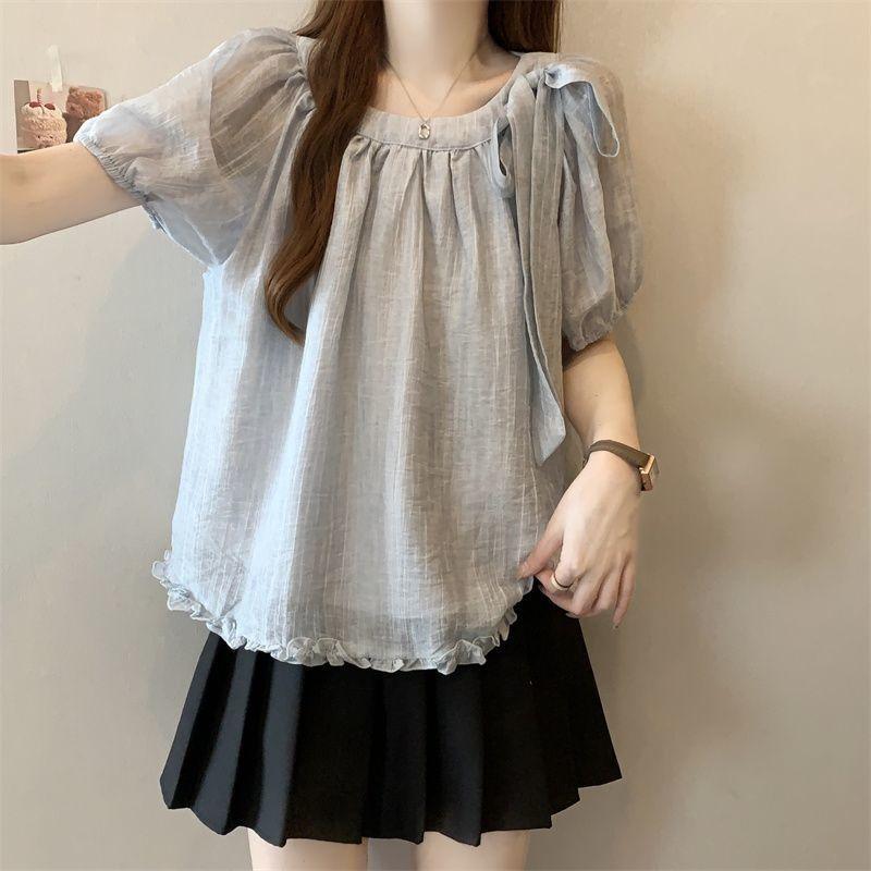 Women Square Neck Bow Puff Short Sleeve Blouse, Ruffle Hem Textured Loose Summer Shirt Top