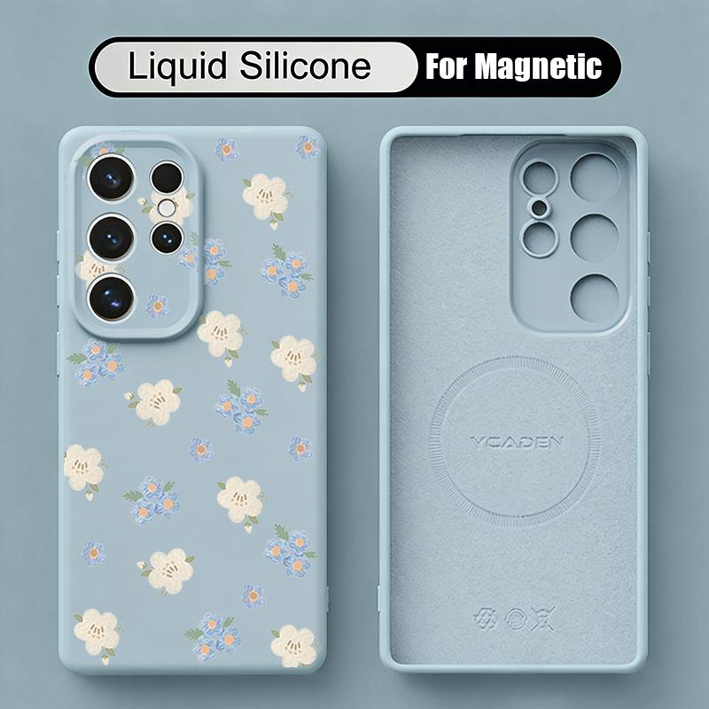White Flowers Print Case For Samsung Galaxy S26 S25 Ultra S24 Plus S23 S22 Ultra Magnetic For Magsafe Liquid Silicone Cover