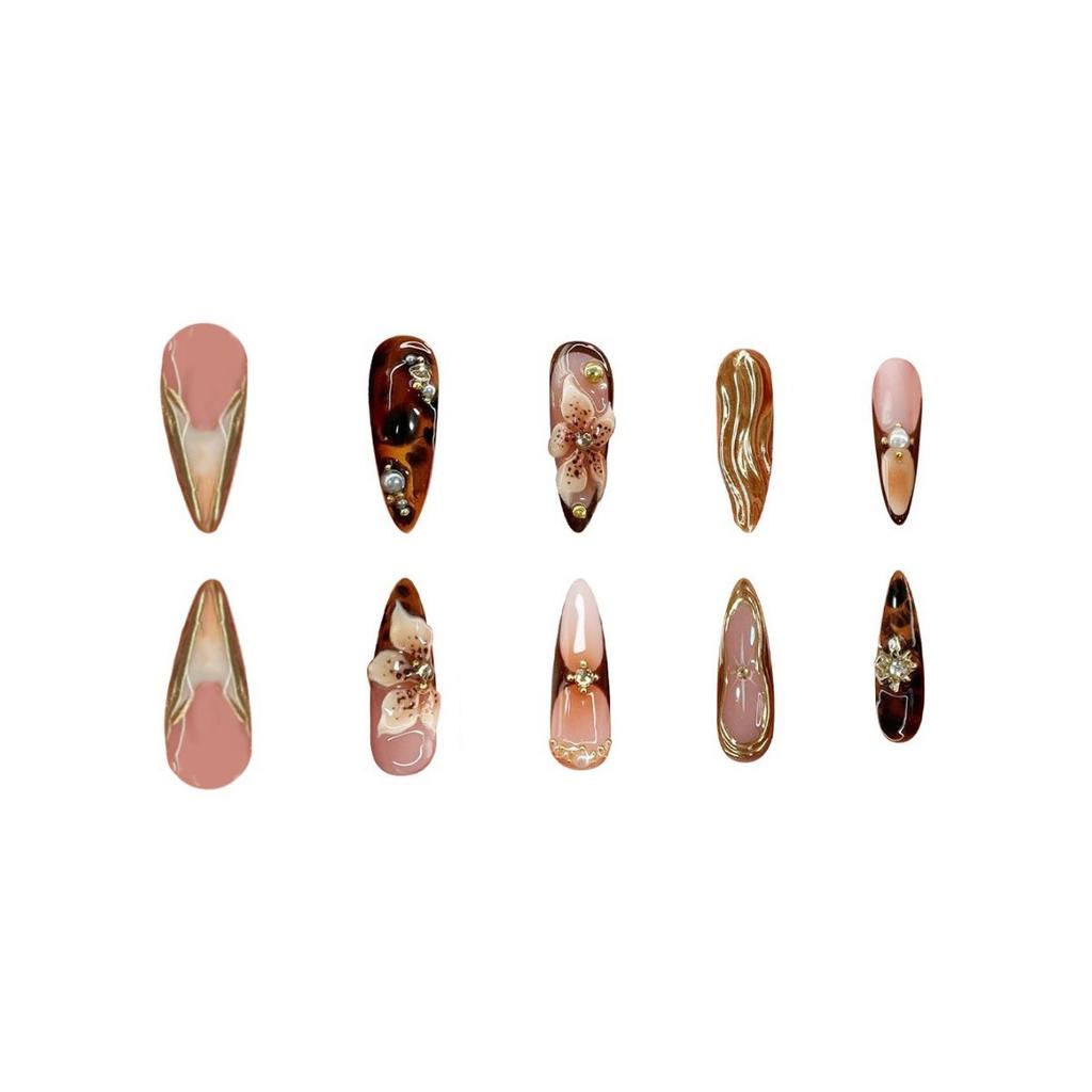 Press On Nails Gold Fake Nails Flower Glue On Nails with 3D Design Almond Stick On Nails Glossy Artificial Acrylic Full Cover False Nails for Women