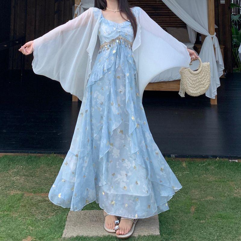 

Rou8Ao Plus-Size Women s French Resort Style Butterfly Print Strap Dress for Women 2026 Summer Elegant Dress Cardigan M