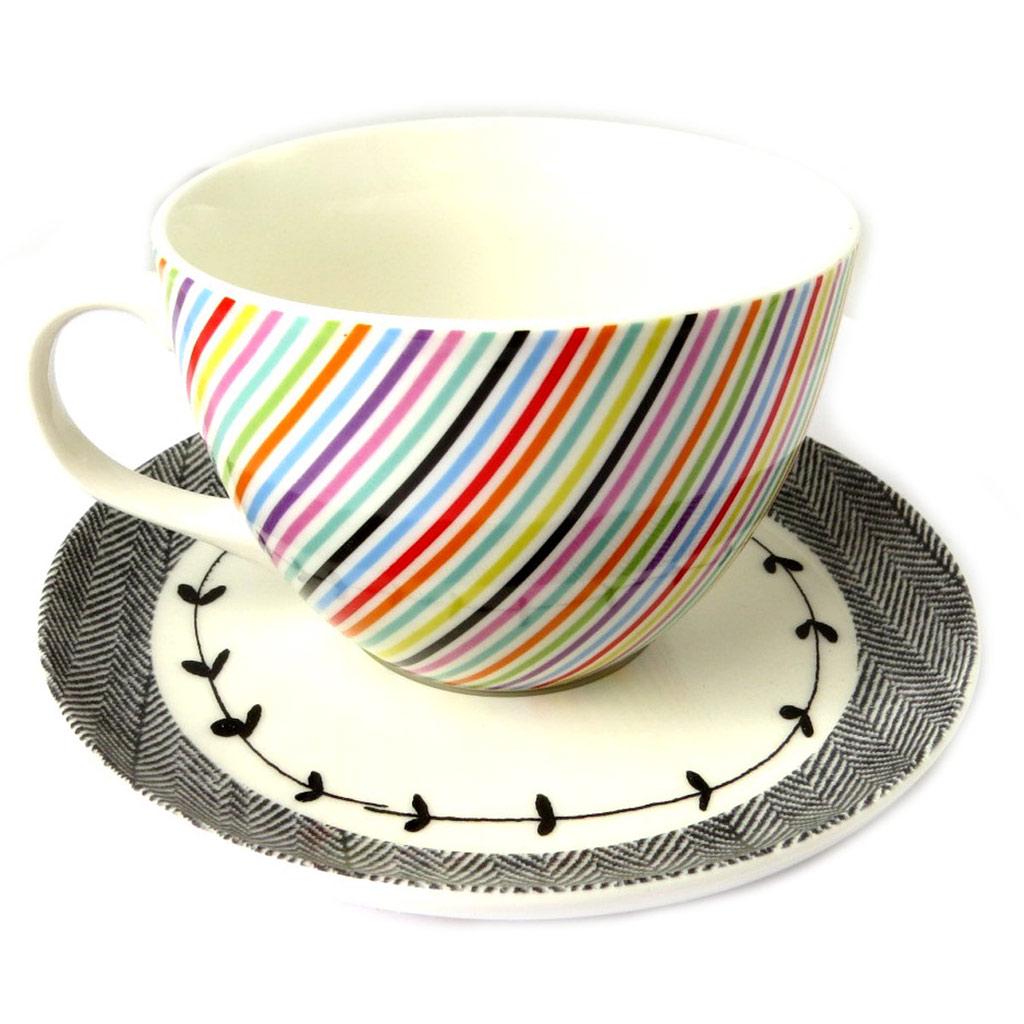 Les Trésors De Lily [N8501] - Cup + Saucer 'Vintage Design' Multicolored Stripes - 11x7 Cm