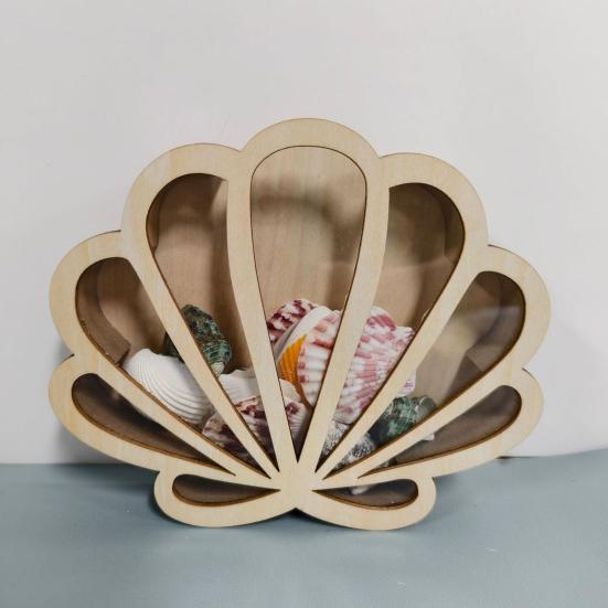 Wooden Shell Display Case Handcrafted Rustic Sea Shell Shadow Box Seashell Shaped Storage Display Box Home Office Desktop Decoration