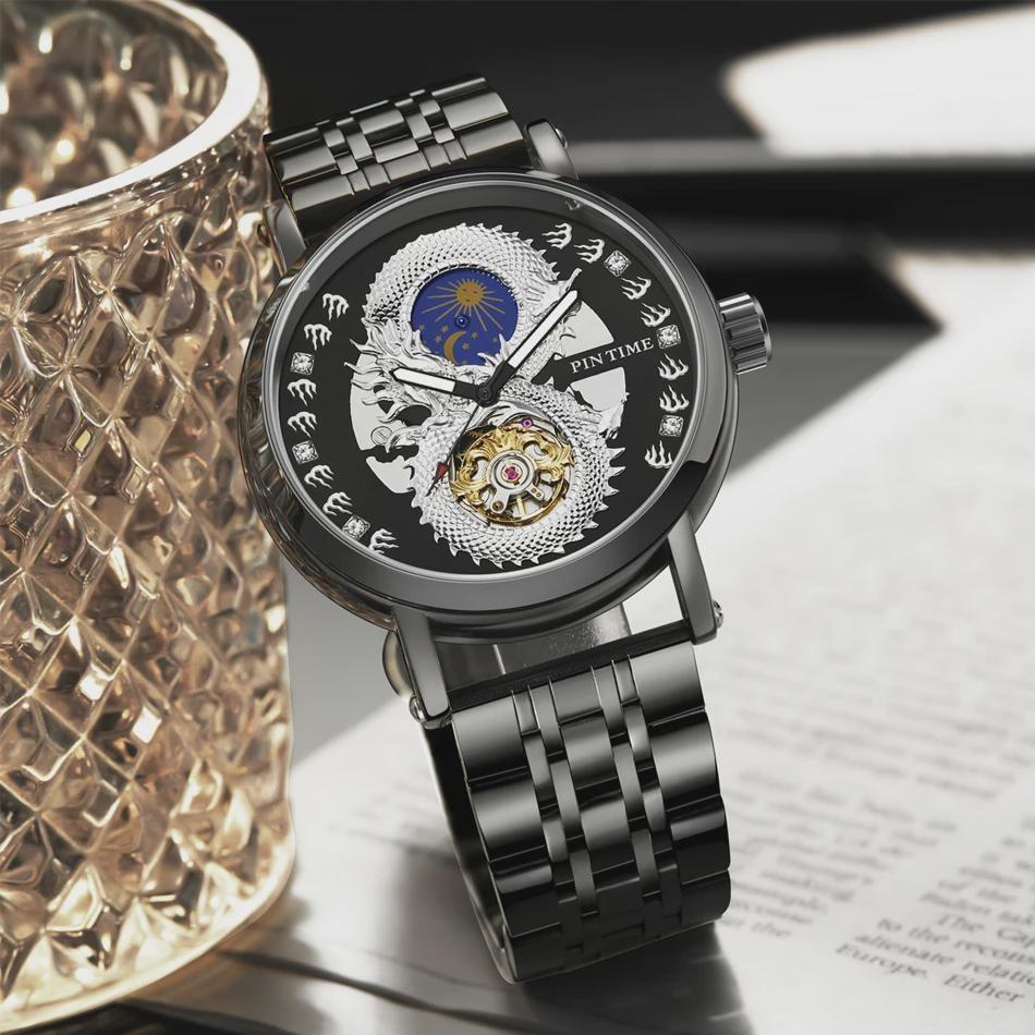 PINTIME Luxury Gold Stainless Watch Dragon Skeleton Mechanical Watch Men Moon Phase Tourbillon Wristwatch