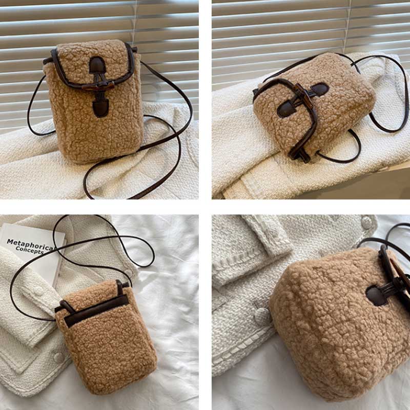 Winter Women Faux Lambswool Phone Bag Cute Square Plush Crossbody Purse Portable Wallet Handbag