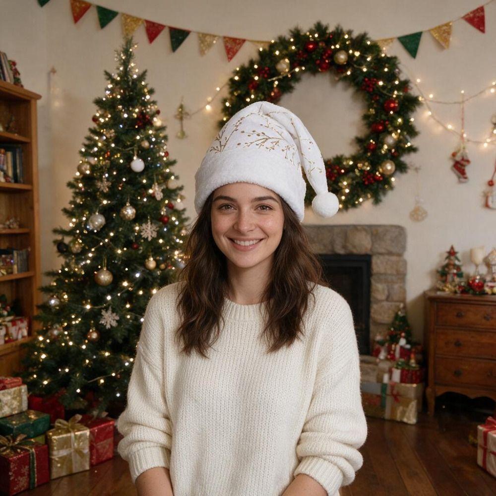 Glitter White Plush Christmas Hat Gold/Silver Foil Snowflakes/Stars Xmas Party Hat  Winter