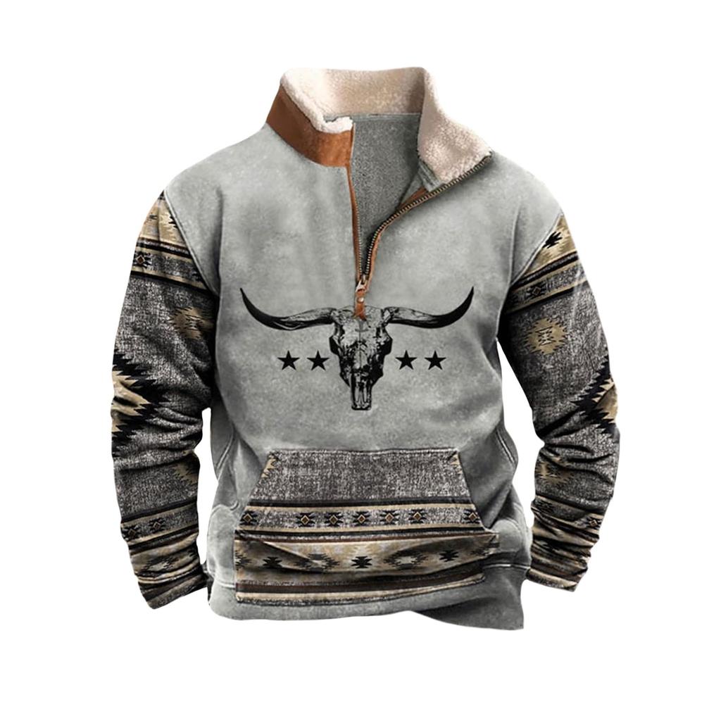 Mens Cowboy Sweatshirt Vintage Print Western Aztec Sweatshirt Casual Long Sleeve 1/4 Zip Fleece Pullover Menswear Hoodie Sweater