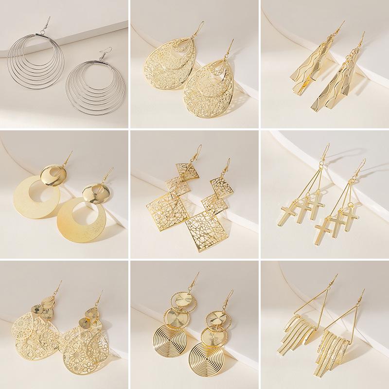 European and American Multi-Layer Hollow Metal Geometric Tassel Earrings