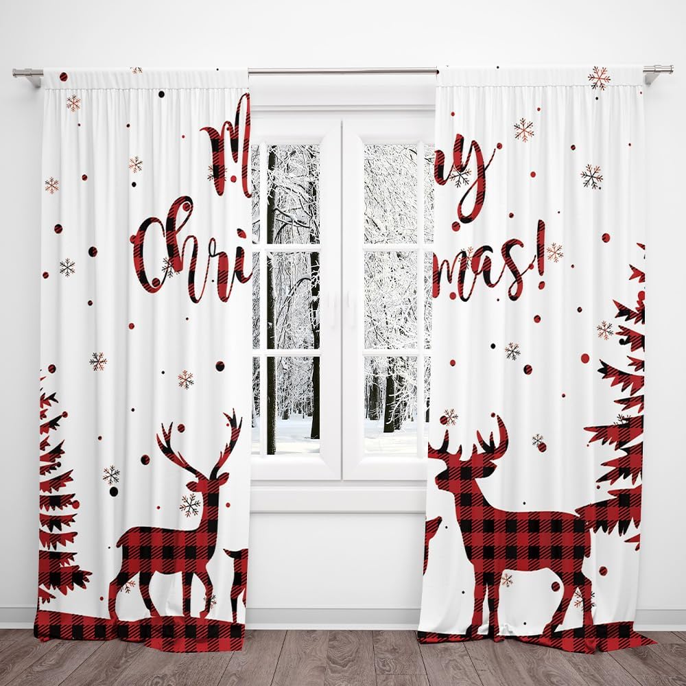 Christmas Curtain Red Truck House with Lights On Xmas Tree Colorful Light Pine Tree Bedroom Living Room Window Decoration Drapes