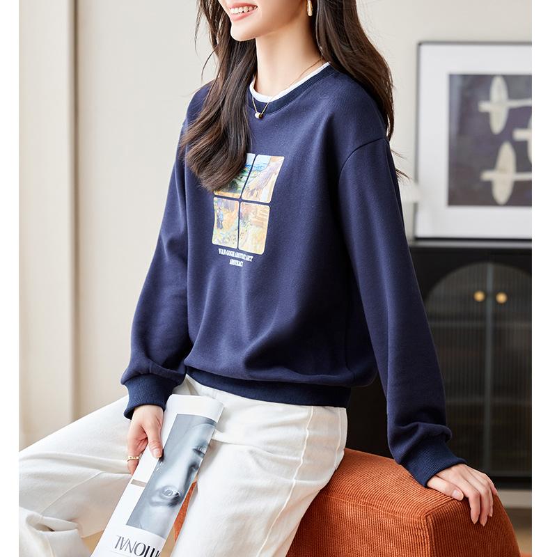 

Толстовка с принтом масляной живописи, женская, свободная, облегающая, осенняя, с круглым вырезом, пуловер 2XL синий