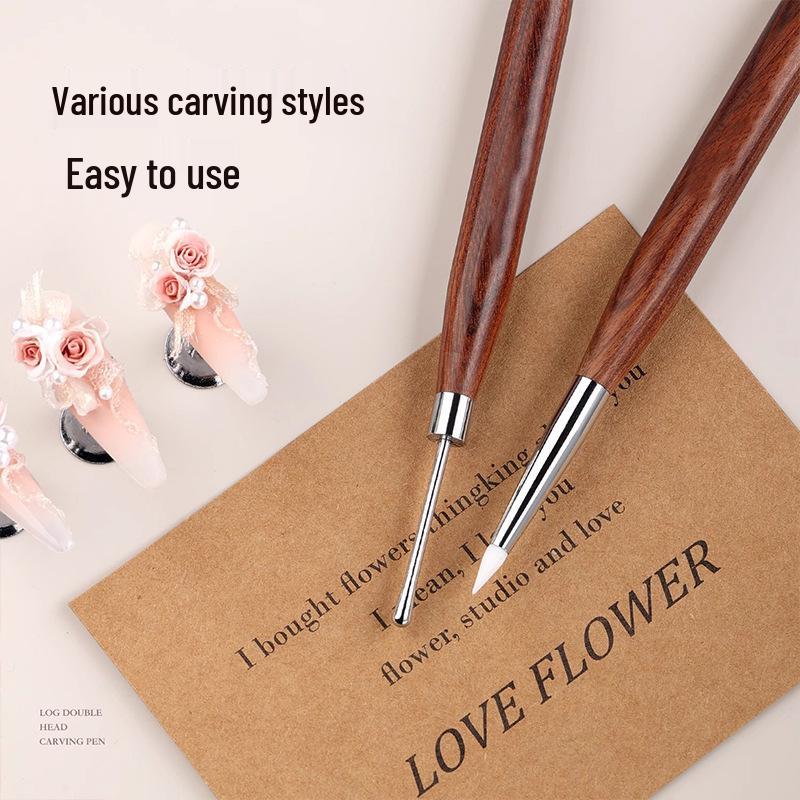 Dual-ended Sandalwood Handle Nail Art Pen: Multi-functional Japanese Silicone Gel Mixer, Carving Tool, Scraper, Embosser, and Color Painting Tool.