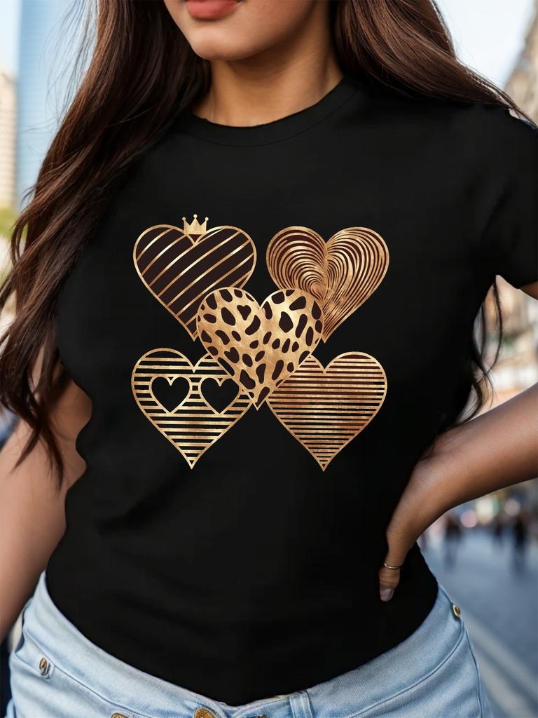 Five Distinct Heart Designs Women's Comfit T-shirt Casual Crew Neck Short Sleeve Top Knit Fabric Spring/Summer/Fall Fashion