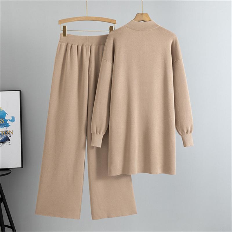 Women's Autumn Winter Fashion Casual Suit Mid Length Knitted Open Shirt Pants Two Piece Suit