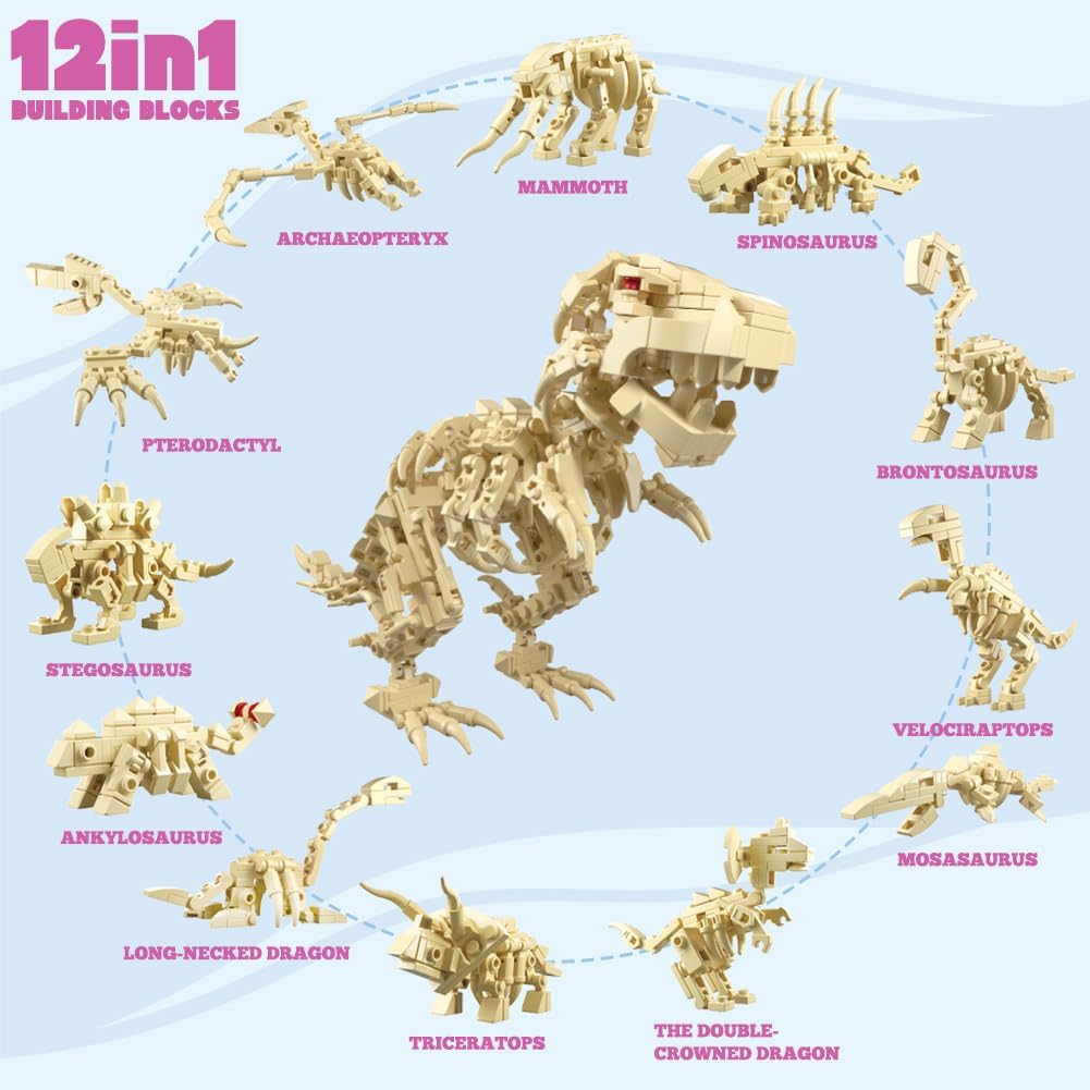 12Pcs Pre Filled Easter Eggs Toys, Dinosaur Skeleton Building Blocks, 12 In 1 Easter Eggs for Kids Easter Egg Hunt