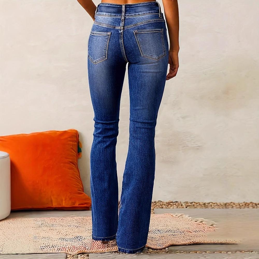 Damen Mittelhohe Schlagjeans Stretch Gewaschene Denimhose Elegante Streetwear Bootcut Jeans