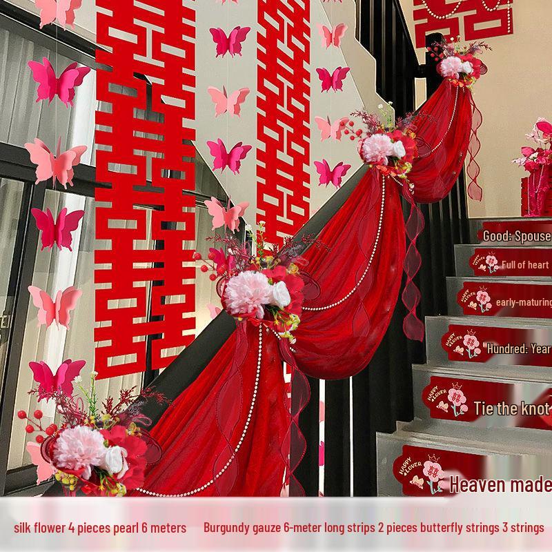 Wedding Staircase Handrail Decoration with Artificial Flowers and Pendants
