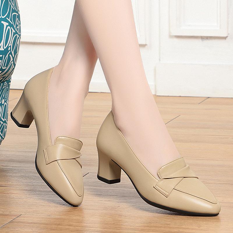 5.5cm 7cm Elegant Office Ladies Soft Leather Shoes Shallow Mouth Heeled Shoes Spring 2025 Trend Med Block Heels Shoes for Work
